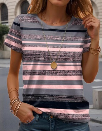 3D Horizontal Stripe Mixed Color T-Shirt Printed Round Neck Short Sleeve