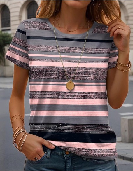 3D Horizontal Stripe Mixed Color T-Shirt Printed Round Neck Short Sleeve