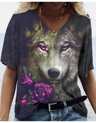 Animal Print Loose V-Neck T-Shirt Apparel Wolf Graphic