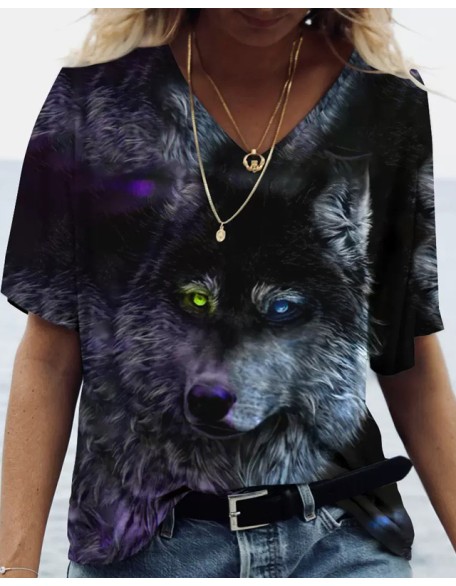 Animal Print Loose V-Neck T-Shirt Apparel Wolf Graphic