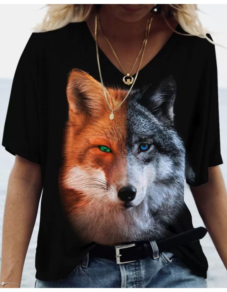 Animal Print Loose V-Neck T-Shirt Apparel Wolf Graphic