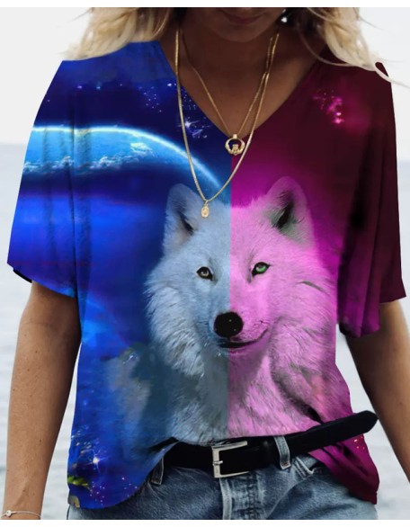 Animal Print Loose V-Neck T-Shirt Apparel Wolf Graphic