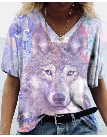 Animal Print Loose V-Neck T-Shirt Apparel Wolf Graphic