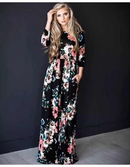 Bohemia Maxi Dresses Women Floral Split Print Crew Neck Long Dress