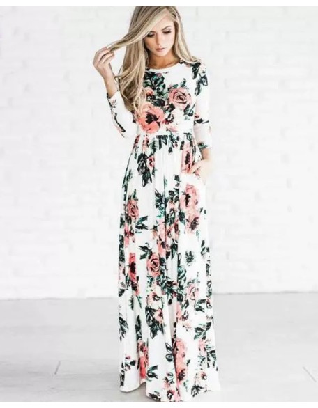 Bohemia Maxi Dresses Women Floral Split Print Crew Neck Long Dress