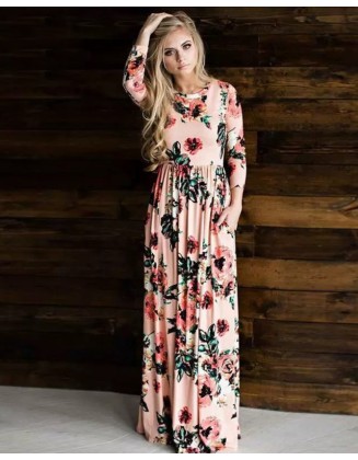 Bohemia Maxi Dresses Women Floral Split Print Crew Neck Long Dress
