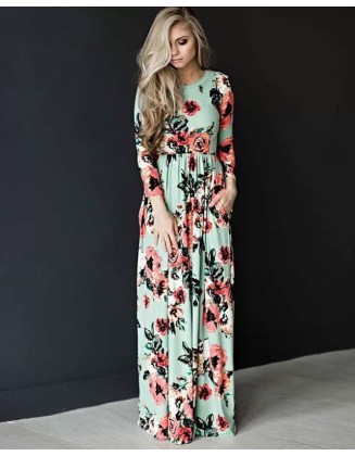 Bohemia Maxi Dresses Women Floral Split Print Crew Neck Long Dress