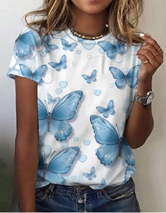 Butterfly 3d Printed T-Shirt Ladies Milk Silk Short Sleeves
