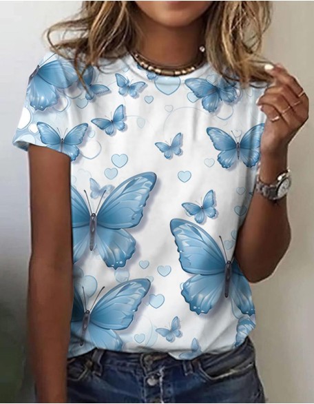 Butterfly 3d Printed T-Shirt Ladies Milk Silk Short Sleeves