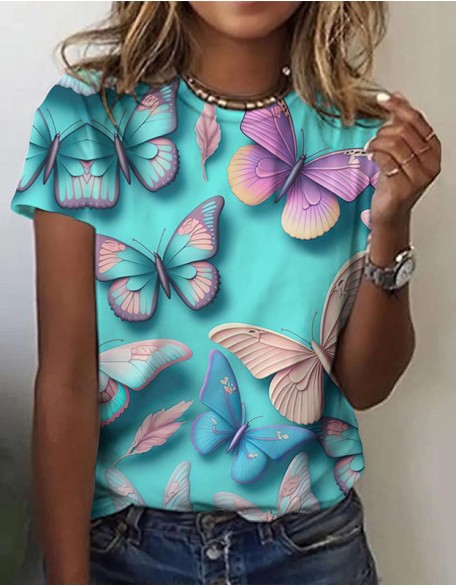 Butterfly 3d Printed T-Shirt Ladies Milk Silk Short Sleeves