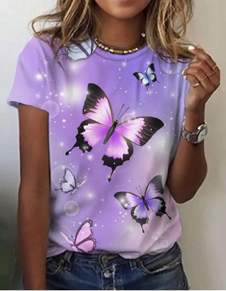 Butterfly 3d Printed T-Shirt Ladies Milk Silk Short Sleeves