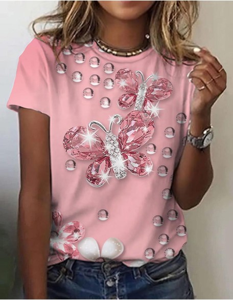 Butterfly 3d Printed T-Shirt Ladies Milk Silk Short Sleeves