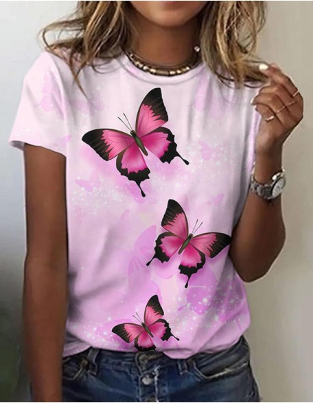 Butterfly 3d Printed T-Shirt Ladies Milk Silk Short Sleeves