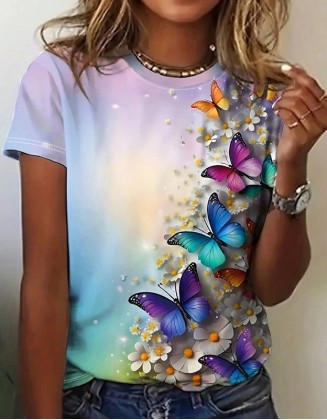 Butterfly Print T Shirt Casual Short Sleeve Round Neck Tops