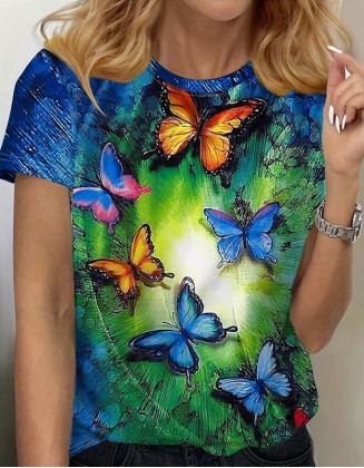 Butterfly Print T Shirt Casual Short Sleeve Round Neck Tops
