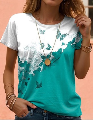 Butterfly Print T Shirt Casual Versatile High Quality Round Neck Top