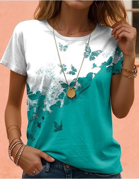 Butterfly Print T Shirt Casual Versatile High Quality Round Neck Top