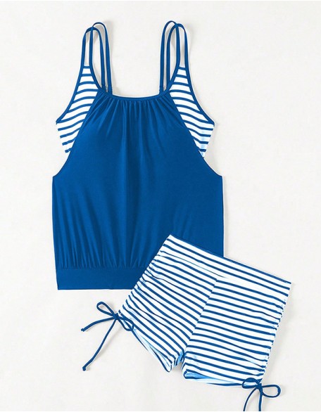 Conservative Belly Covered Suspender Vest Tankini Swimsuit Striped Printed Drawstring Boyshort Two Piece Suit