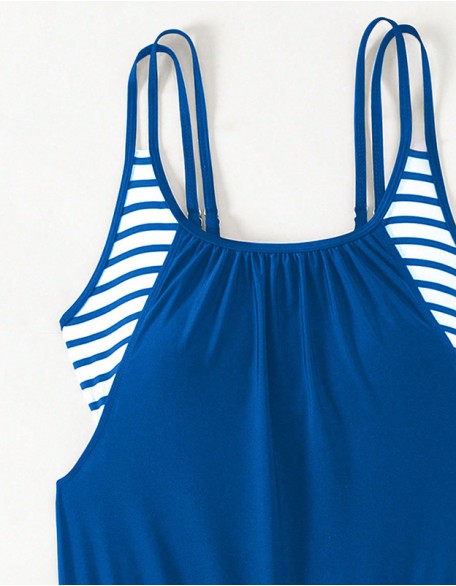 Conservative Belly Covered Suspender Vest Tankini Swimsuit Striped Printed Drawstring Boyshort Two Piece Suit