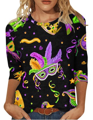 Carnival Theme Printed T-Shirt Trend Digital Printed Round Neck Cropped Sleeve Top