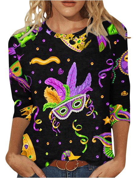 Carnival Theme Printed T-Shirt Trend Digital Printed Round Neck Cropped Sleeve Top