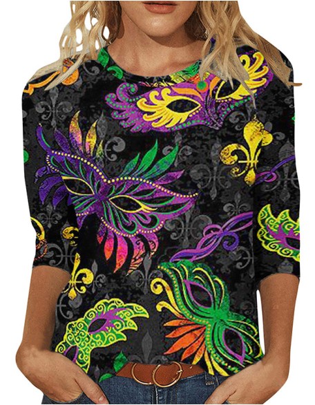 Carnival Theme Printed T-Shirt Trend Digital Printed Round Neck Cropped Sleeve Top