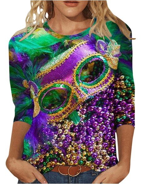 Carnival Theme Printed T-Shirt Trend Digital Printed Round Neck Cropped Sleeve Top