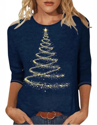 Christmas Printed T Shirt Round Neck Loose Top