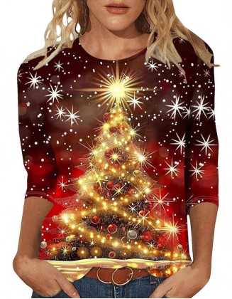 Christmas Printed T Shirt Round Neck Loose Top