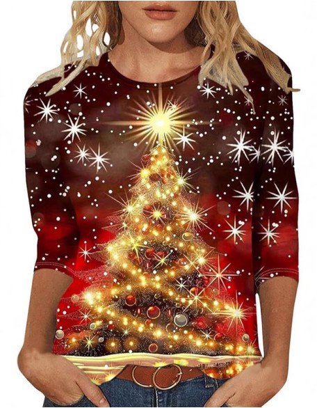 Christmas Printed T Shirt Round Neck Loose Top