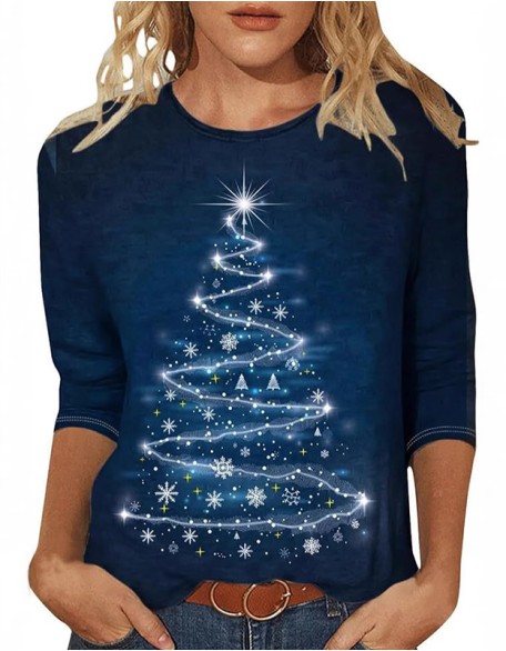 Christmas Printed T Shirt Round Neck Loose Top