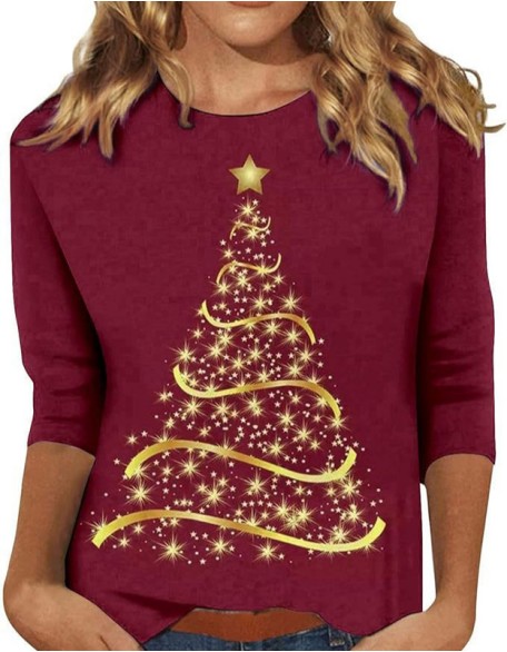 Christmas Printed T Shirt Round Neck Loose Top