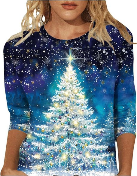 Christmas Printed T Shirt Round Neck Loose Top