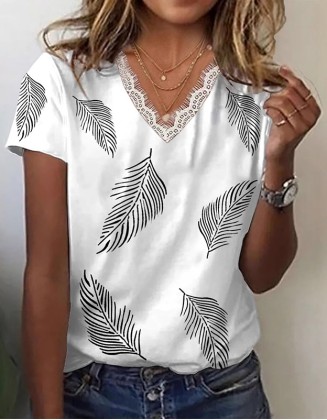 Creative Flower Elements Printed Lace V Neck Short Sleeve T Shirt