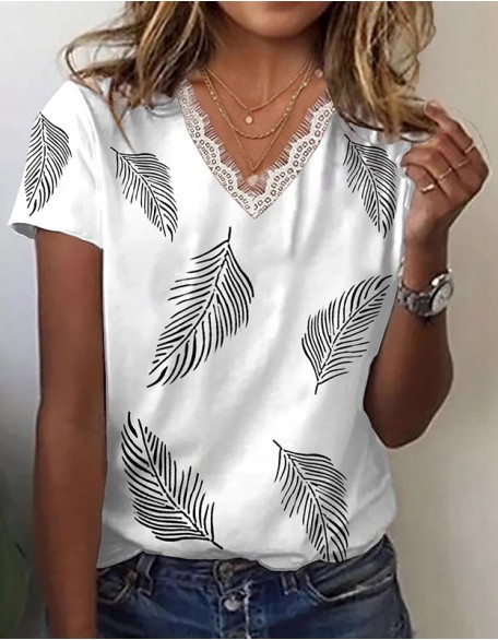 Creative Flower Elements Printed Lace V Neck Short Sleeve T Shirt