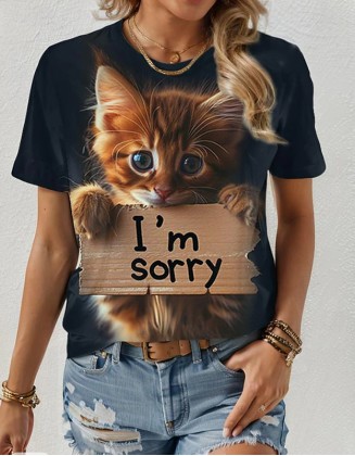 Cute Kitten 3d Print T Shirt Loose Casual Crew Neck Short Sleeves