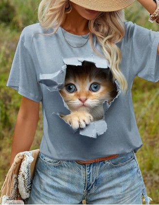 Cute Kitten 3d Print T Shirt Loose Casual Crew Neck Short Sleeves