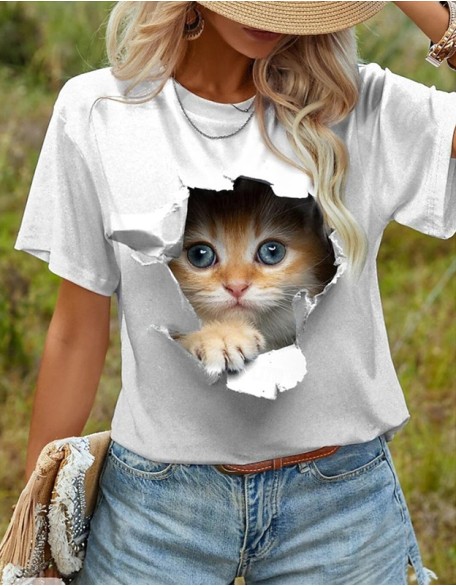 Cute Kitten 3d Print T Shirt Loose Casual Crew Neck Short Sleeves