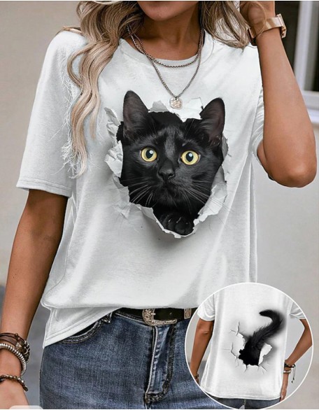 Cute Kitten 3d Print T Shirt Loose Casual Crew Neck Short Sleeves