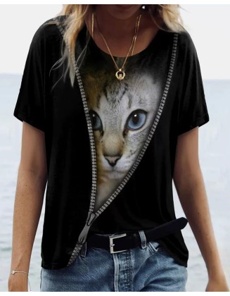 Fashion Women's Animal Cart 3D Print T-Shirts Round Neck Tops Short Sleeve