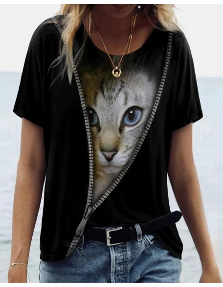 Fashion Women's Animal Cart 3D Print T-Shirts Round Neck Tops Short Sleeve