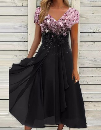 Floral Patchwork New Long Casual Dress Lace Dress V Neck Stylish Vacation Sheath Dress Midi Dress