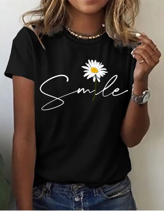 Flower Letter Printed T Shirt With Round Neck Short Sleeves Top