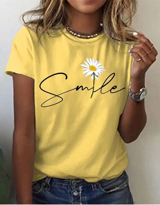 Flower Letter Printed T Shirt With Round Neck Short Sleeves Top