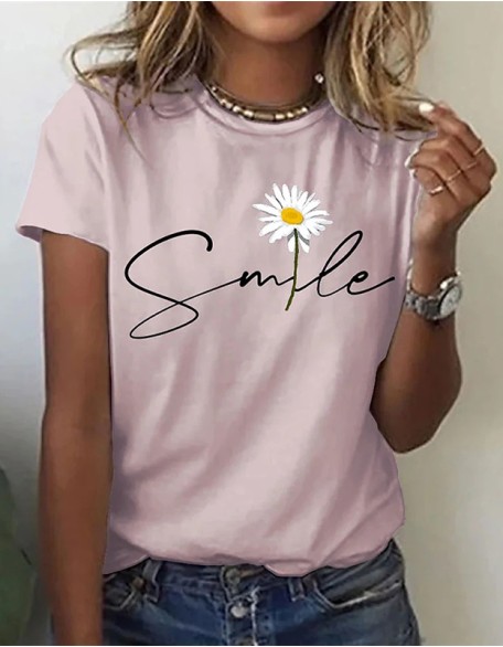 Flower Letter Printed T Shirt With Round Neck Short Sleeves Top