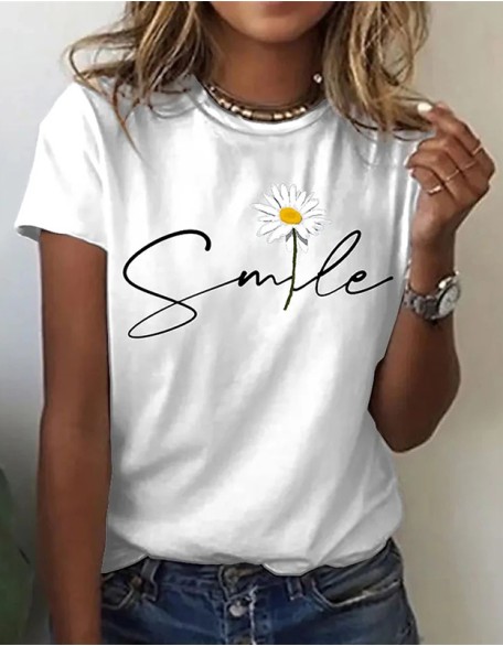 Flower Letter Printed T Shirt With Round Neck Short Sleeves Top