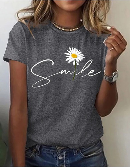 Flower Letter Printed T Shirt With Round Neck Short Sleeves Top