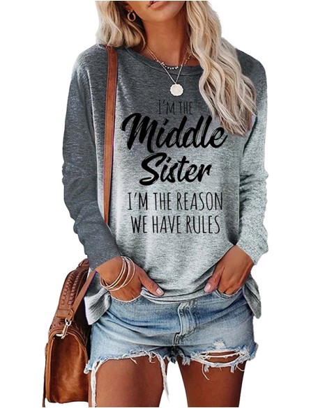 Fun Letter Printed T Shirt Long Sleeve Round Neck Short Sleeve