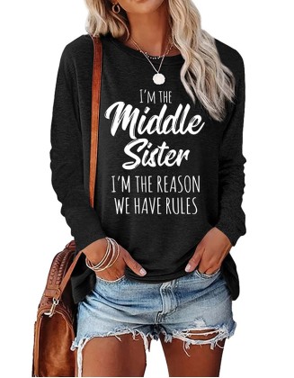Fun Letter Printed T Shirt Long Sleeve Round Neck Short Sleeve