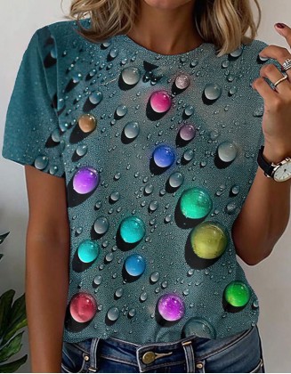 Hot Bubble Printed T-Shirts Ladies Spring And Summer Round Neck Short Sleeves